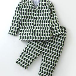 Ollypop Sinker Knit Full Sleeves Front Open Night Suit with Block Print - Green-image-95