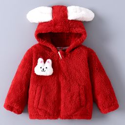 Kookie Kids Full Sleeves Hooded Winter Fur Jacket With Bunny & Ears Applique - Red-picture-14
