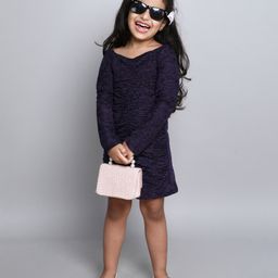 Taffykids Full Sleeves Lurex Sequin Front Ruched Velvet Party Dress - Voilet-image-32