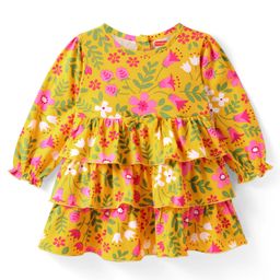 Babyhug Cotton Knit Full Peasant Sleeves Floral Printed Layered Frock & Bow Applique- Yellow-image-93