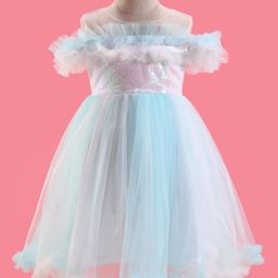 Babyhug Woven Sleeveless Party Dress With Sequinned & Ruffled Yoke - Light Blue-image-68