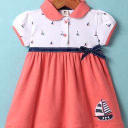 ToffyHouse Interlock Knit Half Puffed Sleeves Ship Printed & Embroidered Peter Pan Collared Frock with with Bow Applique - Coral & White-image-10