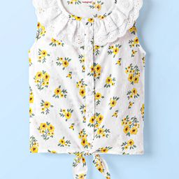 Babyhug Swiss Dobby Woven Frill Sleeves Floral Printed Knotted Top with Chifilli Detailing - White-image-76