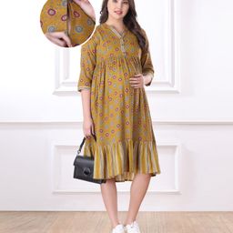 Bella Mama Woven Three Fourth Sleeves Maternity Dress with Floral Print - Khaki-image-88