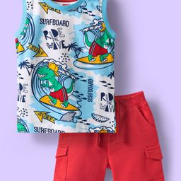 Babyhug Single Jersey Knit Sleeveless Tank T-Shirt & Shorts Set With Surfing Dino Print - White & Red-image-101