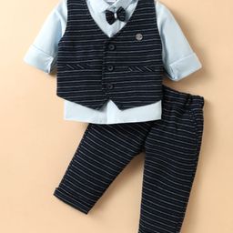 Mini Taurus Sinker Knit Full Sleeves 3 Piece Party Suit with Attached Bow with Stripes - Navy & Light Blue-image-71