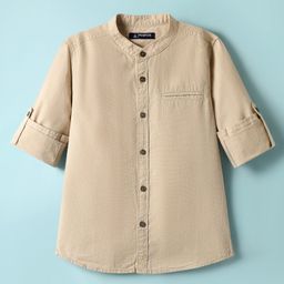 Pine Kids Cotton Woven Full Sleeves Mandarin Collar Solid Shirt - Beige-image-2