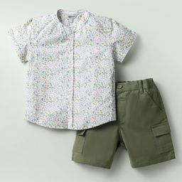 ToffyHouse Cotton Knit Half Sleeves Mandarin Collar Shirt & Shorts Set With Floral Print - Green-image-36