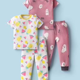 Kidi Wav Pack Of 2 Half Sleeves Fruits & Ghosts Printed Coordinating Tees & Joggers Set - Multi Colour-image-103