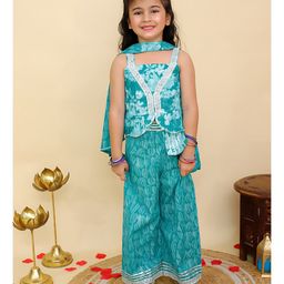 AJ Dezines Cotton Woven Sleeveless Floral Printed & Gota Lace Embellished Top Palazzo & Dupatta Set - Blue-image-82