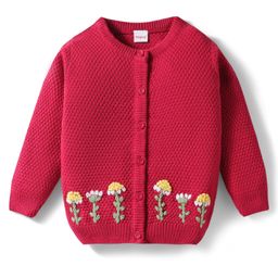 Babyhug Knit Full Sleeves Front Open Sweater with Floral Embroidery - Red-picture-26