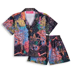 Tilism Knit Half Sleeves Abstract Printed Shirt & Shorts Coordinating Night Suit Set - Multi Colour-picture-6