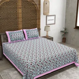 CLOTHOLOGY Pink & Blue Floral 180 TC King Bedsheet with 2 Pillow Covers-picture-36