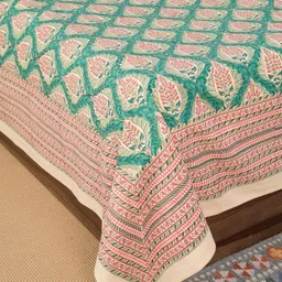 Fabindia Green & pink Ethnic Motifs Printed Cotton Queen Bed Covers-picture-3