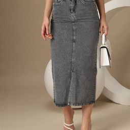 Chemistry Women Pure Cotton Front Slit Denim Maxi Skirt-image-46