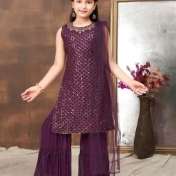 Aarika Kids Purple Embellished Kurti, Sharara, Dupatta with Unstitched Sleeves-image-28