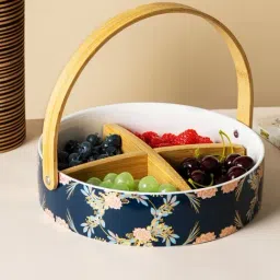 White Gold Multicolour Porcelain Snack Bowl with Wooden Handle & Lid-picture-6