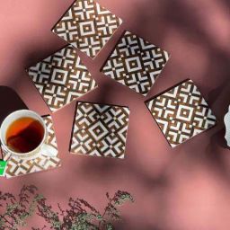CasaGold Brown and Gold Set of 6 Coasters with Stand | Resin With MDF Wood-9
