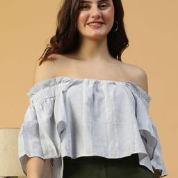 Oxolloxo Women Striped Off-Shoulder Cotton Blouson Crop Top-image-50