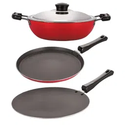 Nirlon Non-Stick Red Aluminium Tawa Kadhai Kitchen Cooking Combo Essential Set-48