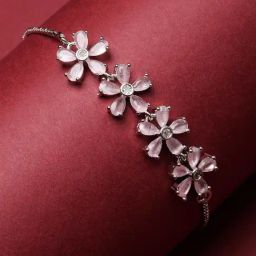 Zeneme Rhodium Plated Silver Toned American Diamond Pink Floral Link Bracelet-65