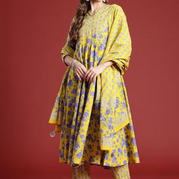 Anouk Floral Printed Regular Sequinned Pure Cotton Kurta With Trousers & Dupatta-4