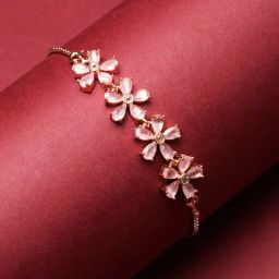 Zeneme Rose Gold Plated Pink American Diamond Floral Link Bracelet-12