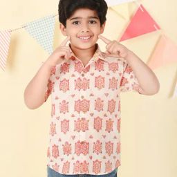 Fabindia Boys Red Cotton Hand Block Printed Shirt-1