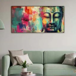 Nestroots Multicolor Canvas Buddha Head A Colorful Serenity Wall Painting - Black Floating Frame-33