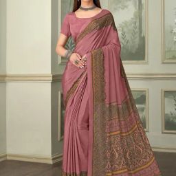 Satrani Pink Silk Crepe Printed Saree With Unstitched Blouse-image-99
