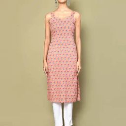 Miravan Peach Cotton Printed Straight Kurta-image-14