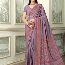 Satrani Mauve Silk Crepe Printed Saree With Unstitched Blouse-image-4