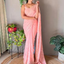 Saree Mall Peach Embellished Sarees With Unstitched Blouse-image-91