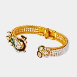 Zeneme Gold Plated Pearls Beaded Alloy Antique Peacock Kada Bracelet-image-43