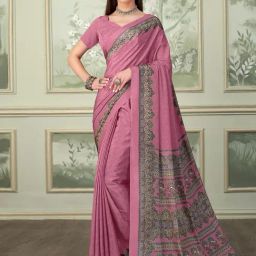 Satrani Pink Silk Crepe Printed Saree With Unstitched Blouse-picture-21