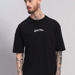 Griffel Black Cotton Loose Fit Printed Sports T-Shirt-image-29