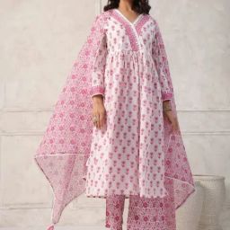 Ganga Grace Pink Colour Butti Hand Block Printed Anarkali Kurta with Bottom and Dupatta-image-5