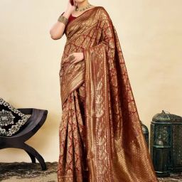 Satrani Red Silk Blend Woven Saree With Unstitched Blouse-picture-21