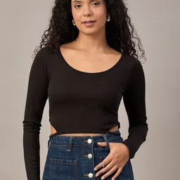 R.Code by The Roadster Life Co. Women Ribbed Round Neck Fitted Crop Top-image-92