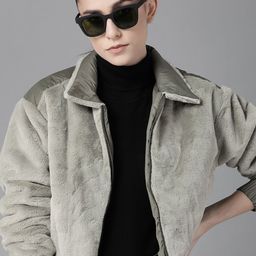 Roadster Women Olive Green Solid Faux Fur Bomber Jacket-image-69