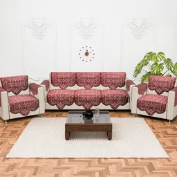 Kuber Industries Maroon & White 16 Pcs Ethnic Printed Cotton 5 Seater Sofa Cover With Arms-image-31