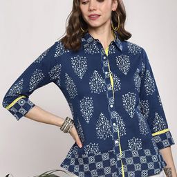 Sangria Women Blue Self Design Shirt Style Pure Cotton Top-picture-34