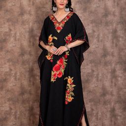 Kashmir Box Floral Embroidered Kimono Sleeve Kaftan Maxi Cotton Dress-image-27