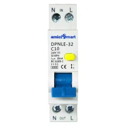 amiciSmart Single Module Circuit Breaker 10 Amp 220 VAC with Overcurrent, Short-Circuit & Leakage Protection, 1x1M-RCBO-10A-48