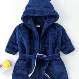 Babyhug Velour Full Sleeves Hooded Bath Robe With Ear Flaps- Navy Blue-image-15