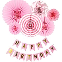 Bubble Trouble Happy Birthday Decoration Kit Pack of 2 Combo with 1 Blue Banner, Paper Fan Set of 6 Pcs (Pink) Birthday Decoration Items-12