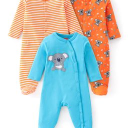 Babyhug Cotton Knit Full Sleeves Koala Printed Sleep Suits Pack of 3 - Orange & Blue-image-57