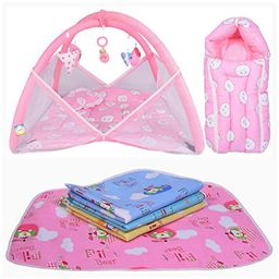 Kwitchy New Born Baby Sleeping Essential Combo of Mattress with Net Sleeping Bag Nappy Changing Mats Set - Pink-11