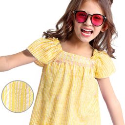 Babyhug Cotton Blend Woven Half Sleeves Striped Top With Smocking & Lace Detailing - Yellow-image-105