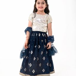 Babyhug Half Sleeves Brocade Choli With Georgette Embroidered Lehenga and Dupatta - Navy Blue-image-2